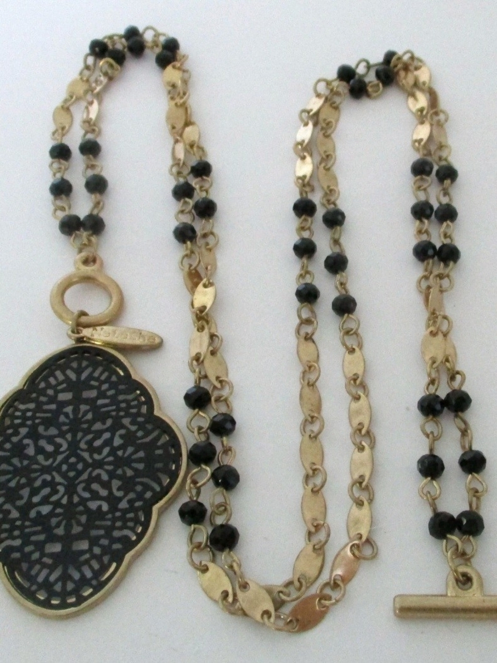 Gold-Tone Necklace with Black Filigree Pendant - Women Jewelry